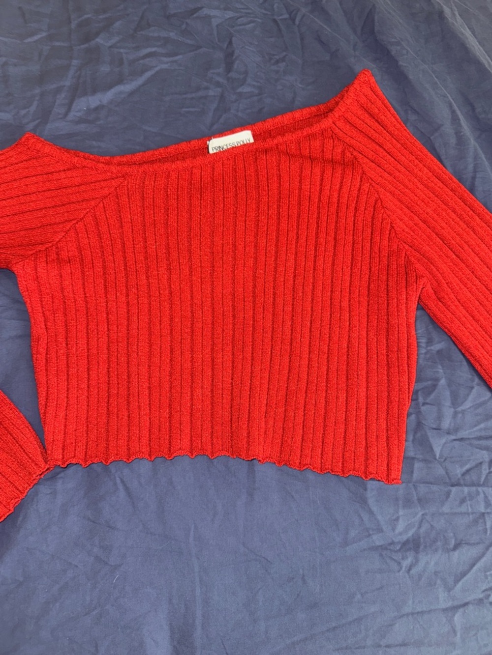 Princess Polly Red Ribbed Off-Shoulder Cropped Sweater